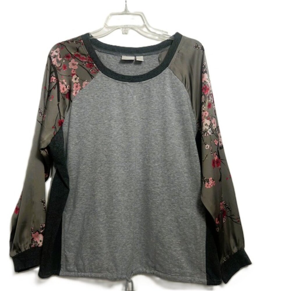 Chicos Ladies Blouse sz 2 Gray Floral Long Sleeves  Drawstring 2 Pocket Read